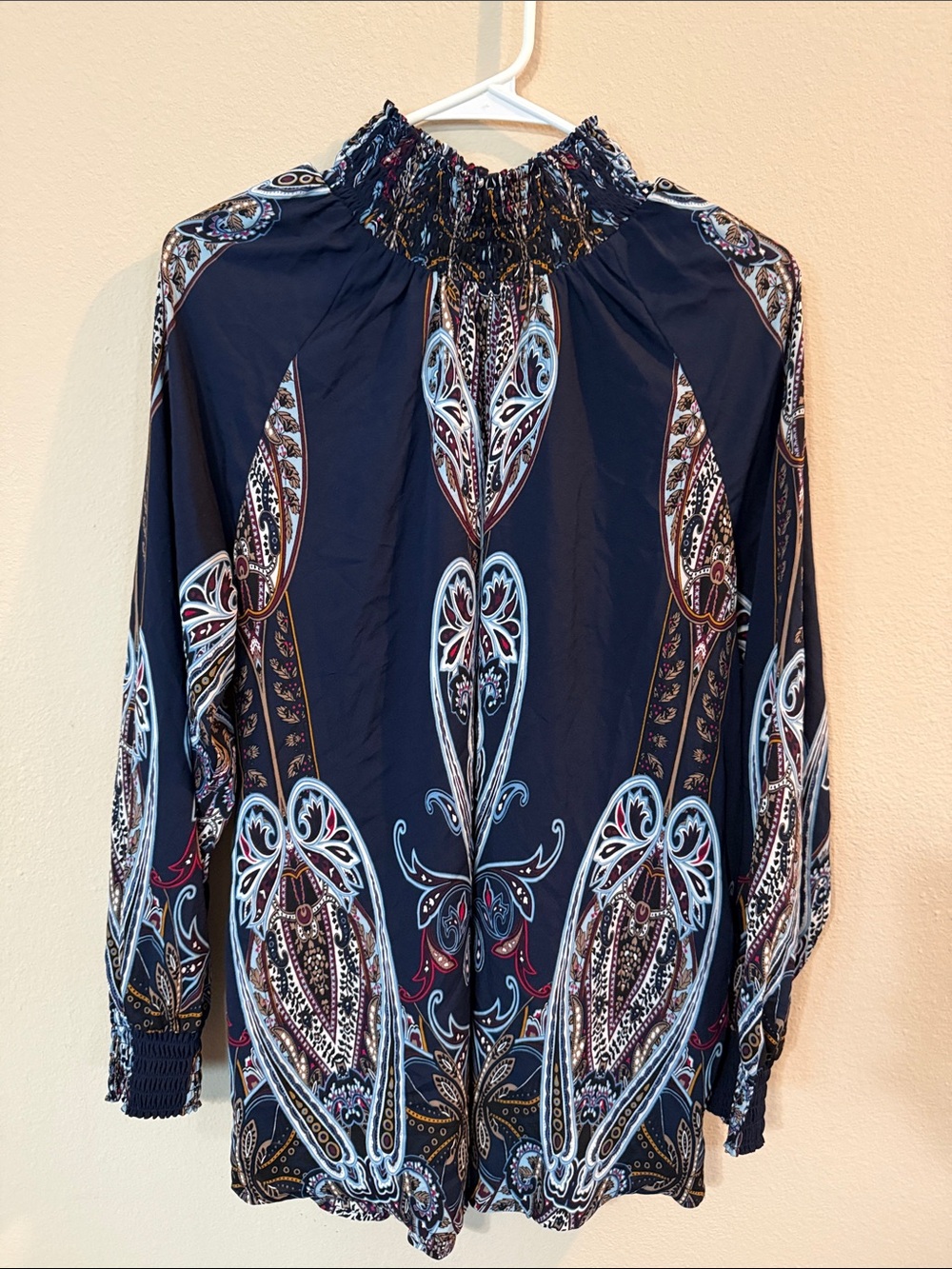 Chico's Navy Paisley Smocked-Neck Long Sleeve Blouse